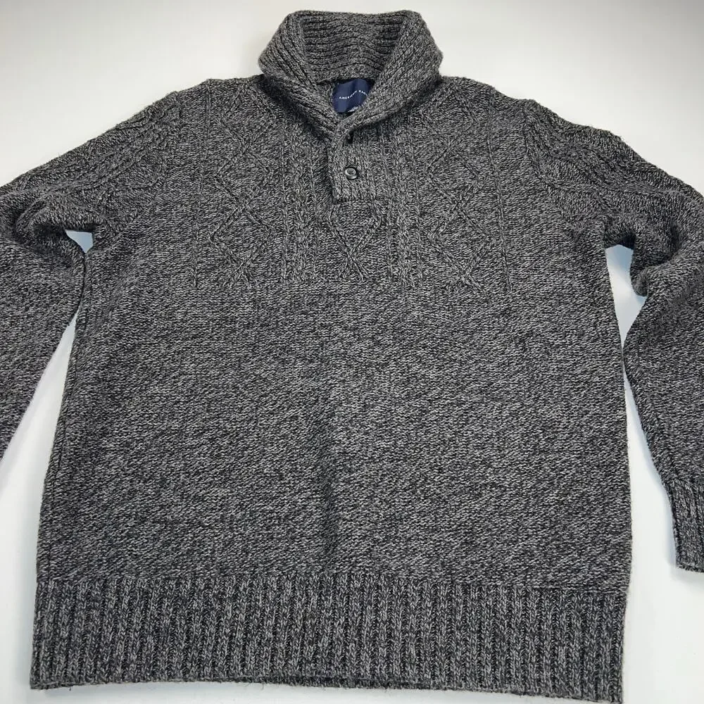 American Eagle Heathered Gray Shawl Collar Sweater Cable Knit Accents Size L